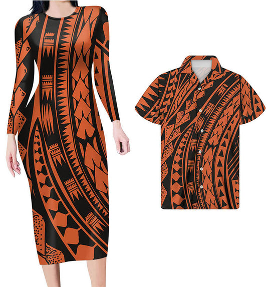Matching Hawaiian Clothes For Couples Polynesian Tribal Orange Black Bodycon Dress And Hawaii Shirt