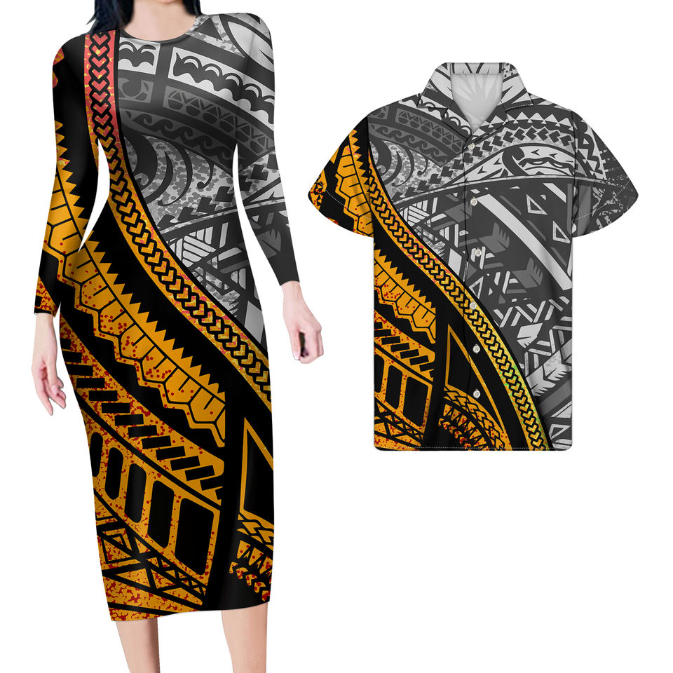 Hawaiian Matching Clothes For Couples Polynesian Tribal Pattern Colorful Bodycon Dress And Hawaii Shirt
