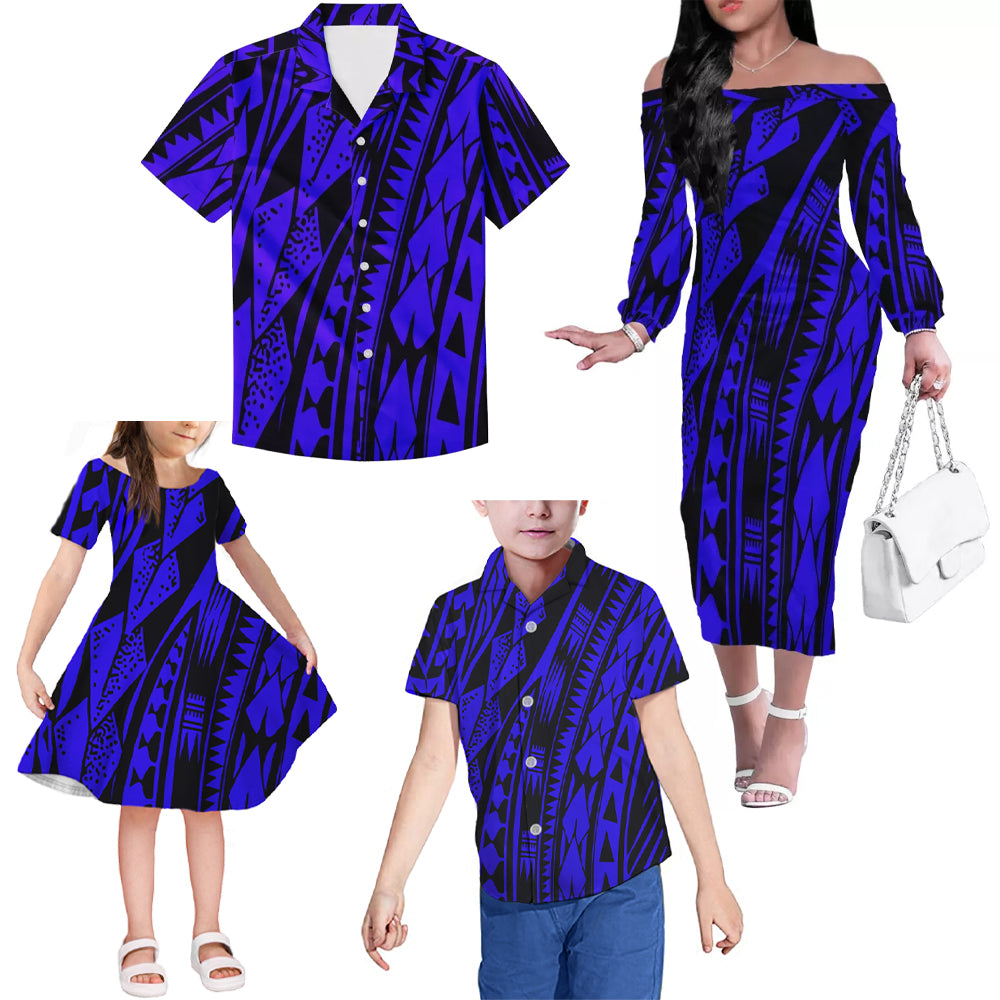 Polynesian Tribal Pattern Blue Matching Outfit For Family Island Dress Hawaiian Shirt For Her Him Family Members