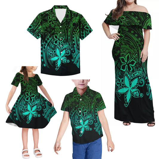 Polynesian Tribal Flowers Pattern Matching Family Outfits Combo Dress and Hawaiian Shirt For Family Members