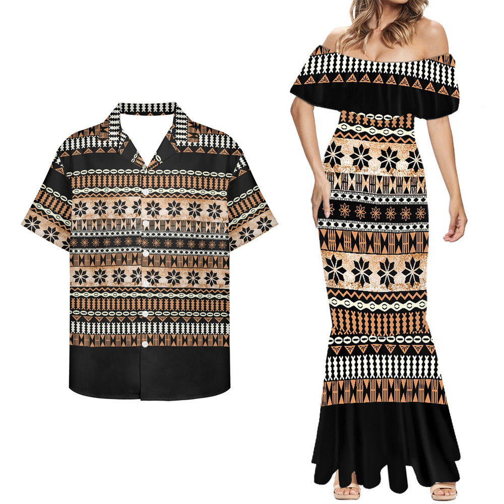 Polynesian Vintage Geometric Pattern Combo Mermaid Dress and Hawaiian Shirt Matching Couples Outfit