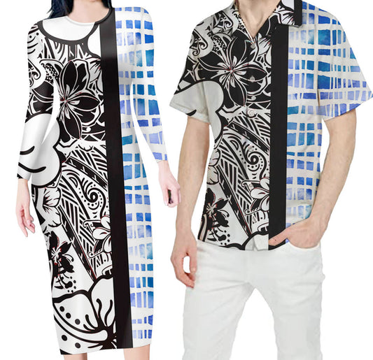 Hawaii White Matching Outfit For Couples Hawaiian Flower Half Bodycon Dress And Hawaii Shirt