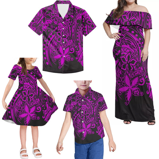 Pink Polynesian Tribal Flowers Pattern Matching Family Outfits Combo Dress and Hawaiian Shirt For Family Members