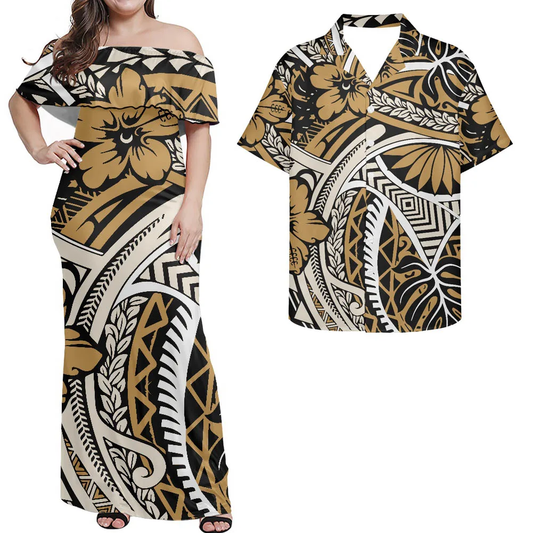 Hawaii Flowers Pattern Polynesian Tribal Combo Brown Dress and Hawaiian Shirt Matching Couples Outfit