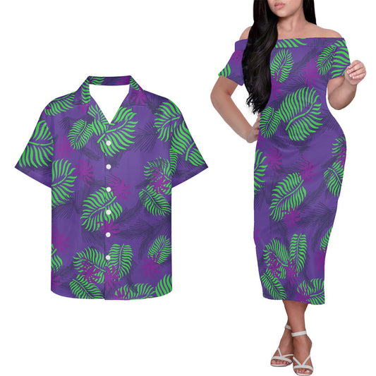 Polynesian Tribal Leaf Pattern Black Couple Matching Outfits Island Hung Short Sleeved Dress And Hawaiian Shirt Couple Set For Him Her