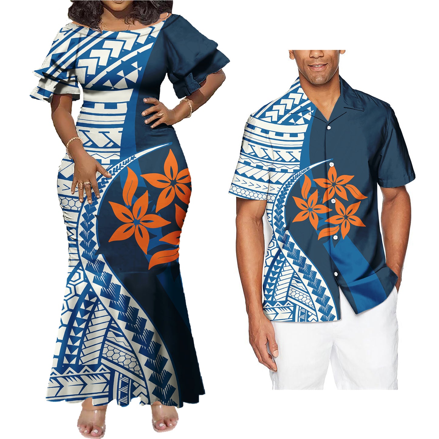 Polynesian Tribal Flowers Pattern Couple Matching Outfit Island Fishtail Skirt Dress And Shirt