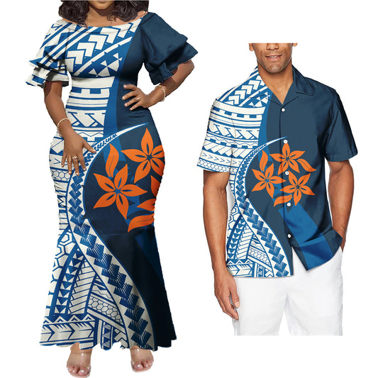 Polynesian Tribal Flowers Pattern Couple Matching Outfit Island Fishtail Skirt Dress And Shirt