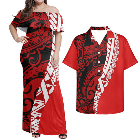 Polynesian Tribal Flowers Pattern Red Matching Outfit Combo Off Shoulder Dress and Shirt