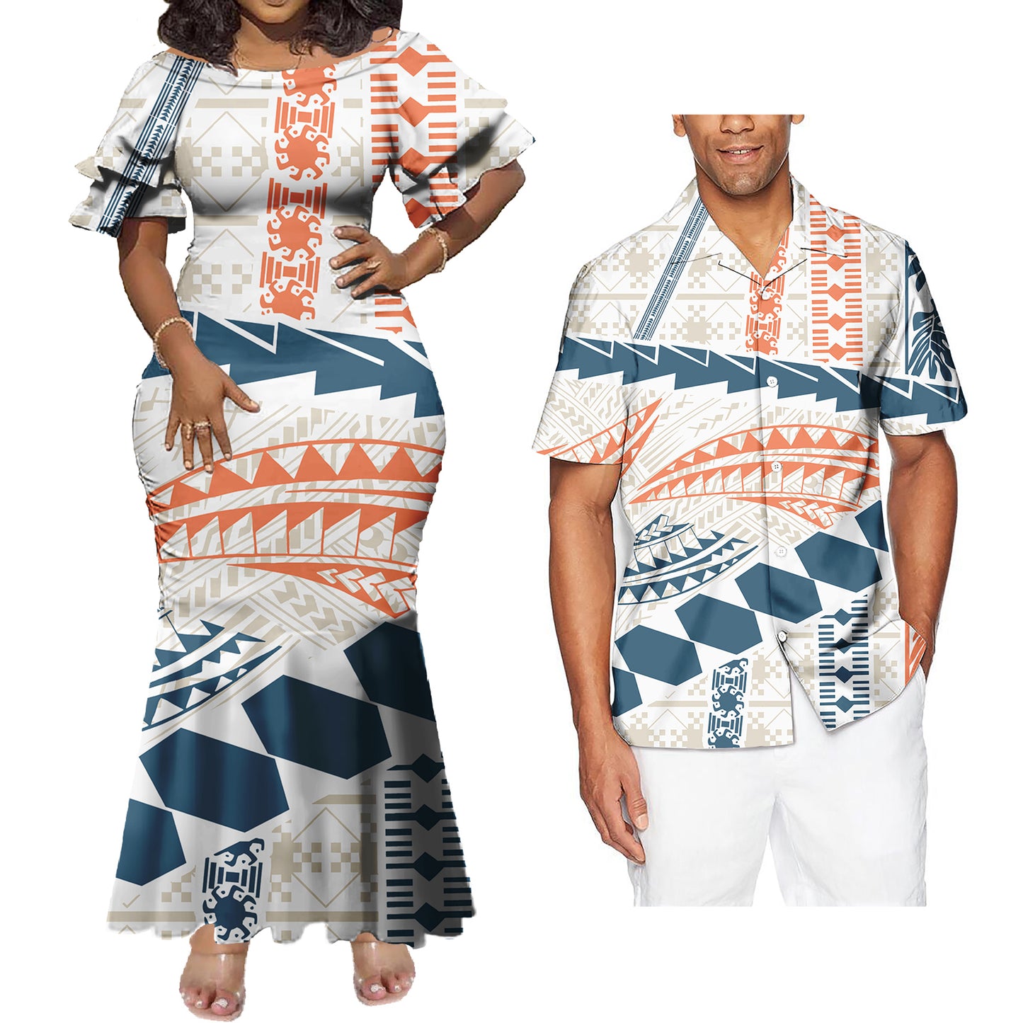 Mermaid Bodycon Dresses and Hawaiian Shirt Geometric Pattern Matching Outfit
