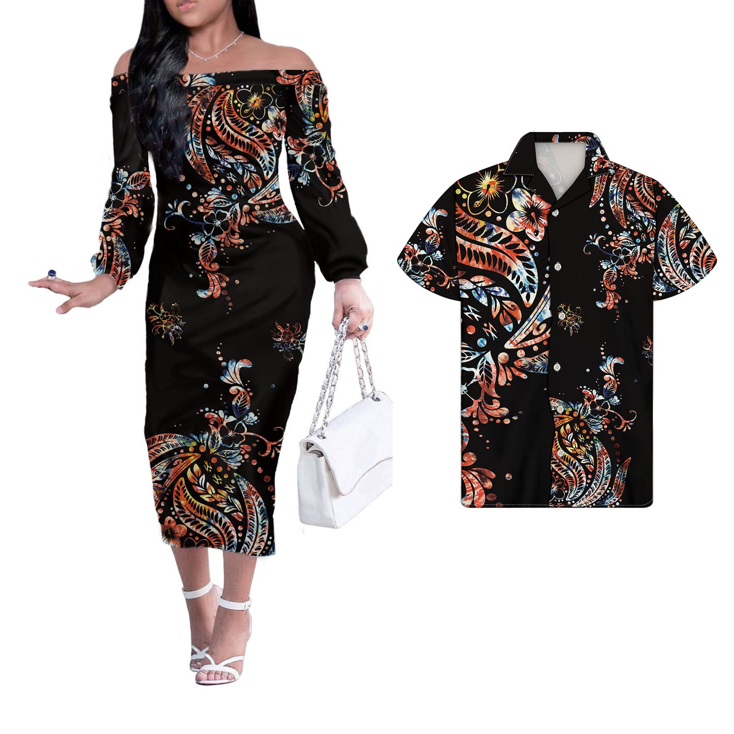 Polynesian Tribal Pattern Couple Matching Outfits Men Shirts and Dress Off Shoulder Long Dresses for Women