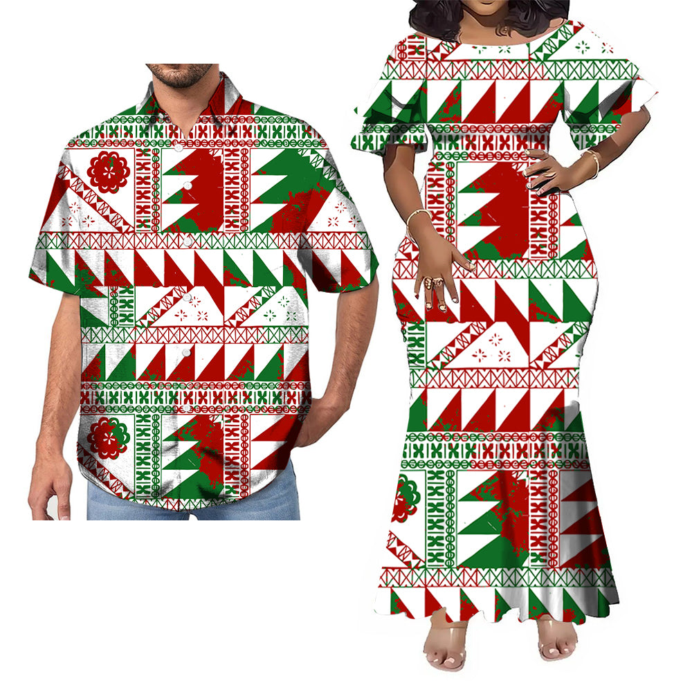 Polynesian Geometric Pattern Fishtail Skirt Dress And Shirt Couple Set Outfit