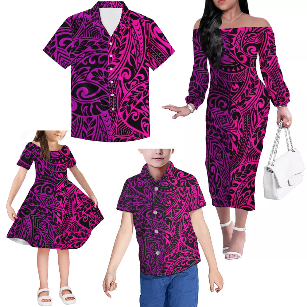 Polynesian Tribal Flowers Pattern Matching Outfit For Family Island Pink Dress Hawaiian Shirt For Her Him Family Members