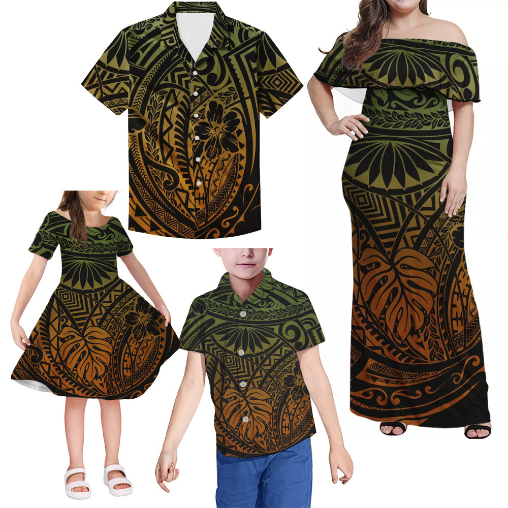 Polynesian Tribal Flowers Pattern Matching Family Outfits Combo Island Green Dress and Hawaiian Shirt For Family Members