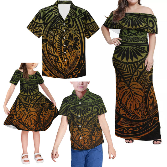 Polynesian Tribal Flowers Pattern Matching Family Outfits Combo Island Green Dress and Hawaiian Shirt For Family Members