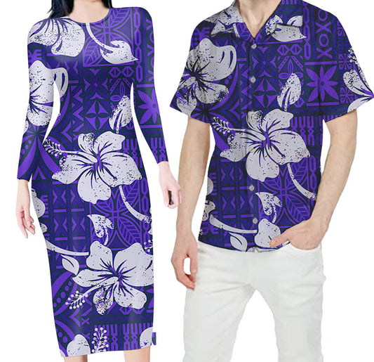 Blue Matching Outfit For Couples Hibiscus Flowers Hawaii Polynesian Tribal Bodycon Dress And Hawaii Shirt