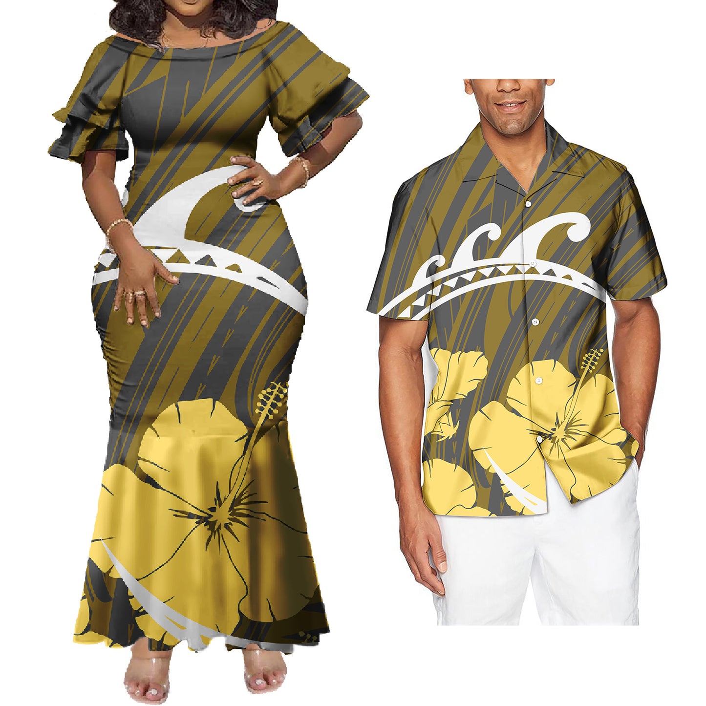 Polynesian Flowers Pattern Couple Matching Outfit Island Fishtail Skirt Dress And Shirt