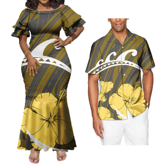 Polynesian Flowers Pattern Couple Matching Outfit Island Fishtail Skirt Dress And Shirt