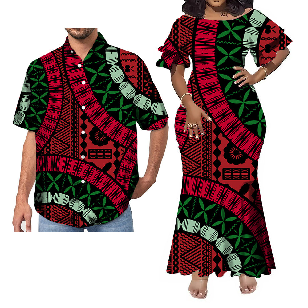 Polynesian Tribal Geometric Pattern Samoa Black Fishtail Skirt Dress And Shirt Couple Set Outfit