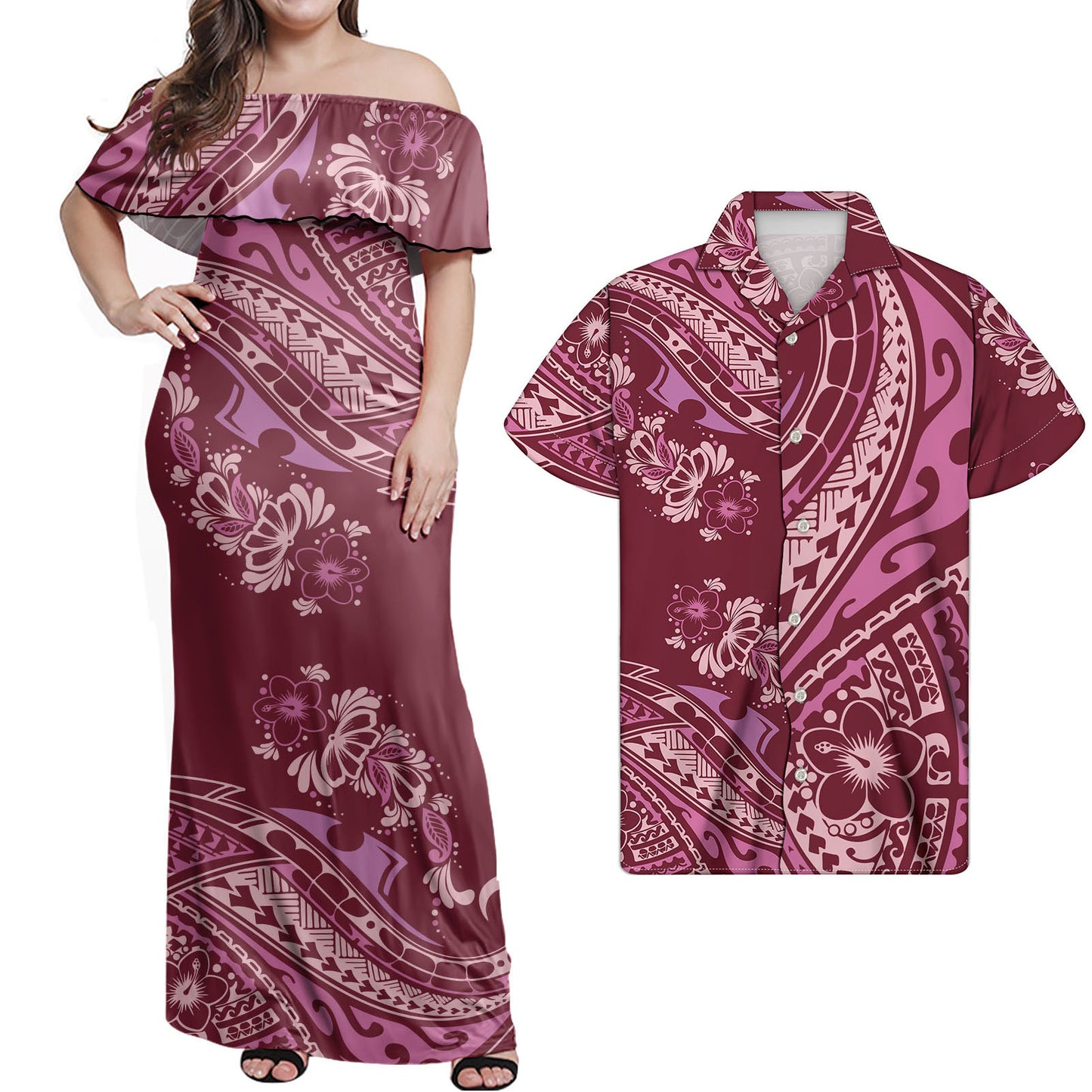Hawaii Flowers Pattern Polynesian Combo Dress and Hawaiian Shirt Matching Couples Outfit