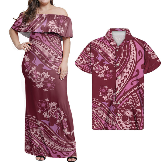 Hawaii Flowers Pattern Polynesian Combo Dress and Hawaiian Shirt Matching Couples Outfit
