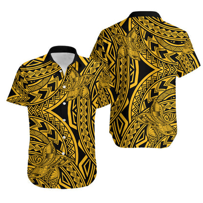 Matching Outfits For Couples Polynesia Combo Dress and Hawaiian Shirt Tattoo Plumeria Gold