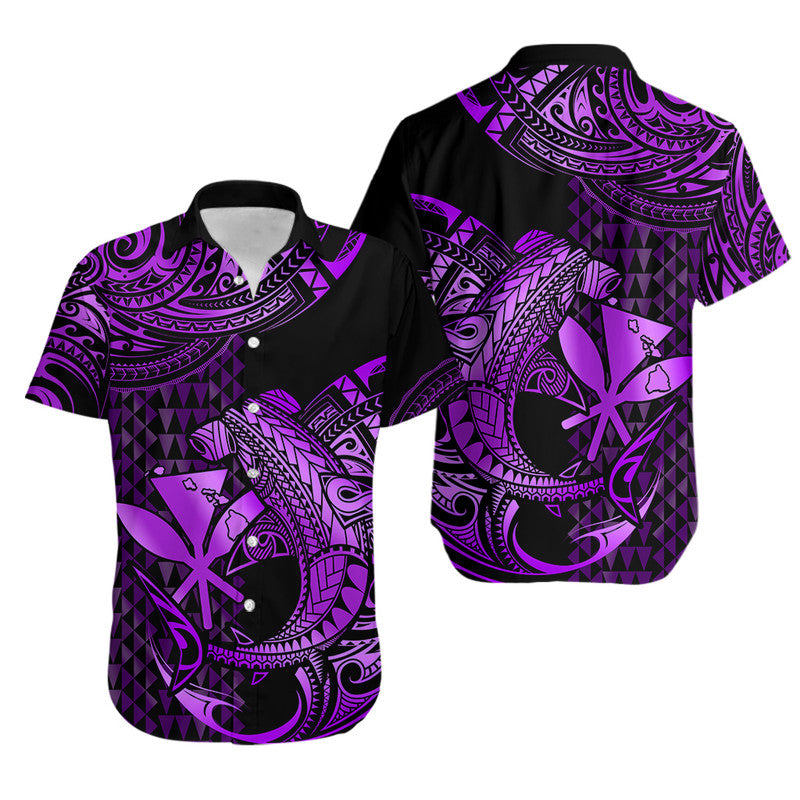 Matching Outfits For Couples Hawaii Hammerhead Shark Combo Dress And Hawaiian Shirt Polynesian Kakau With Kanaka Purple