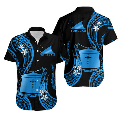 Matching Outfits For Couples Tokelau Combo Dress and Hawaiian Shirt Tokelauan Tatau With Badge Blue