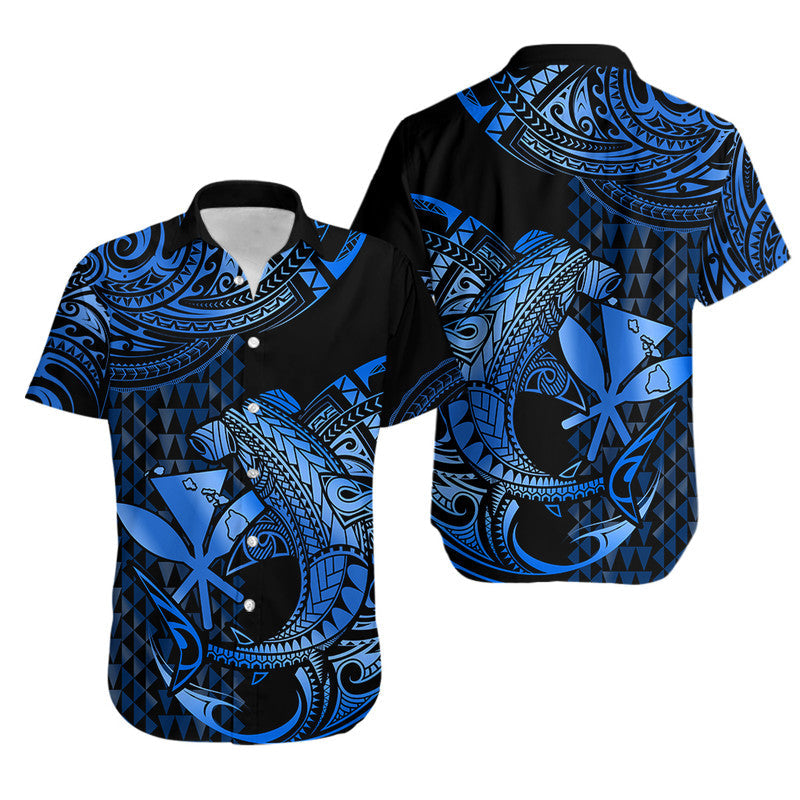 Matching Outfits For Couples Hawaii Hammerhead Shark Combo Dress And Hawaiian Shirt Polynesian Kakau With Kanaka Blue