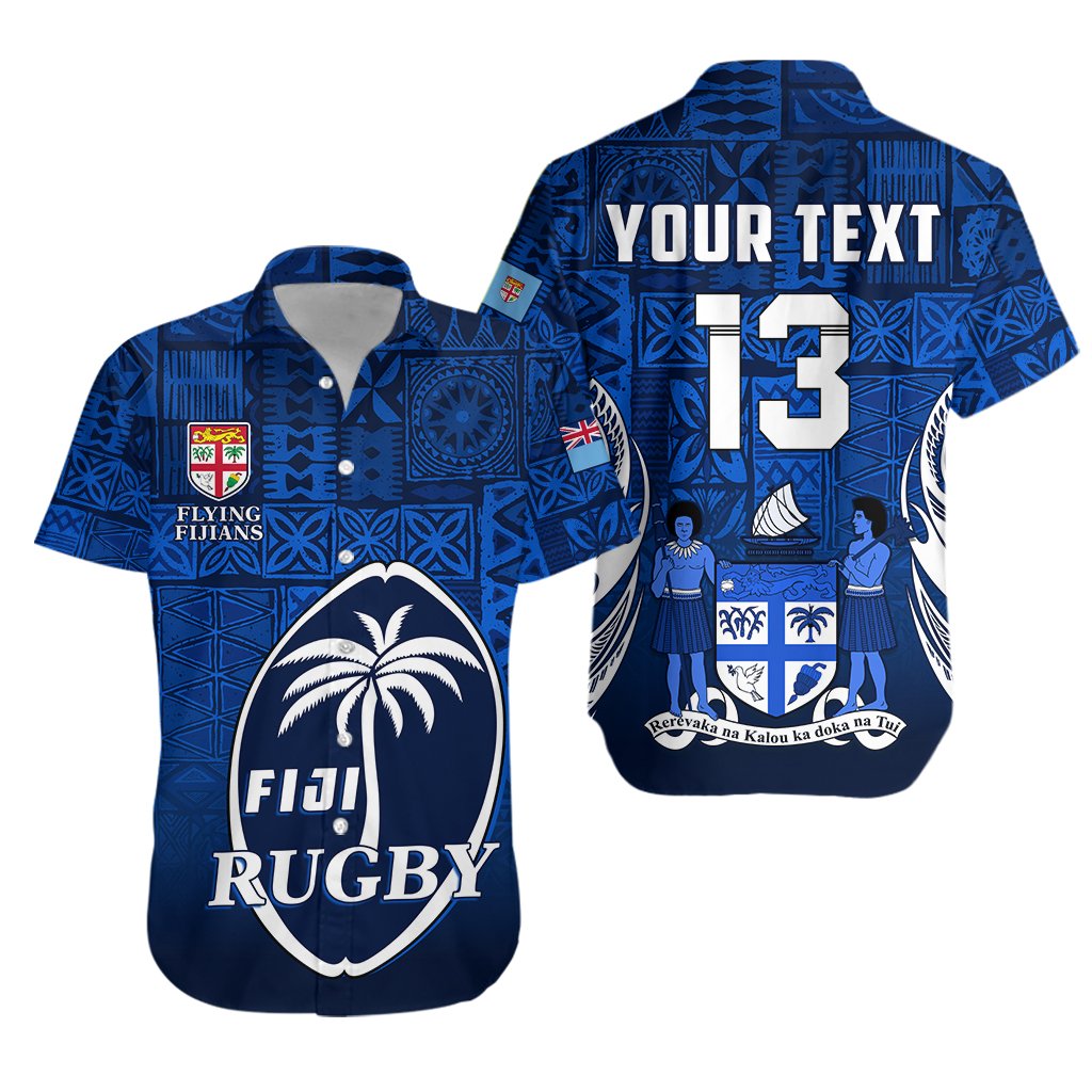 Custom Text and Number Fiji Rugby Hawaiian Shirt Flying Fijians Blue Tapa Pattern