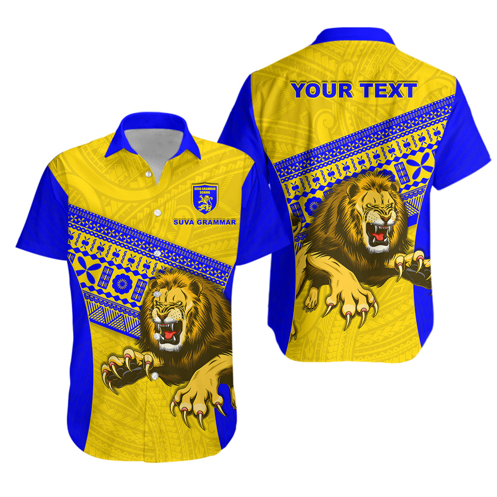 Custom Personalised Suva Grammar Fashion Hawaiian Shirt Fiji School Version Lion Blue