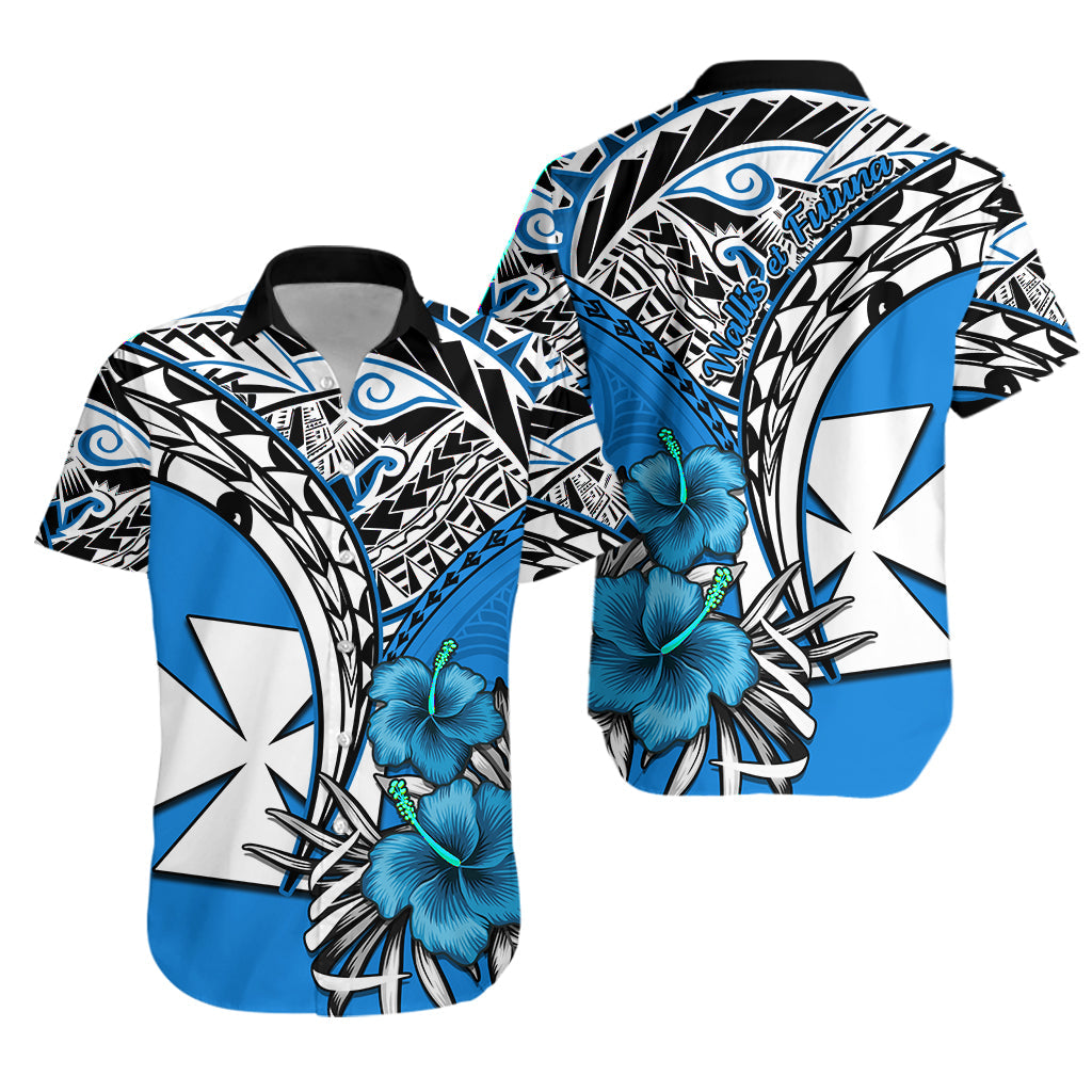 Wallis et Futuna Hawaiian Shirt Polynesian Pattern and Hibiscus Flowers Version Blue
