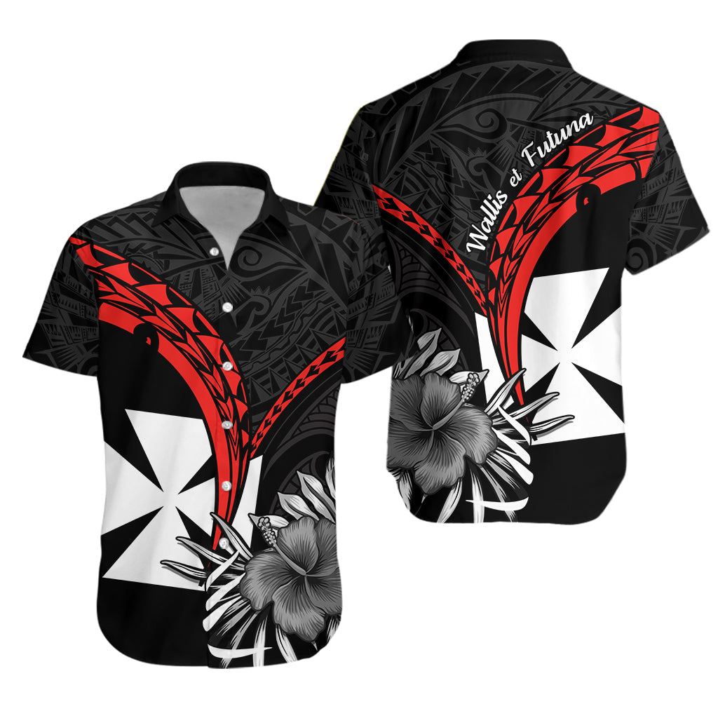 Wallis et Futuna Hawaiian Shirt Polynesian Pattern and Hibiscus Flowers Version Black