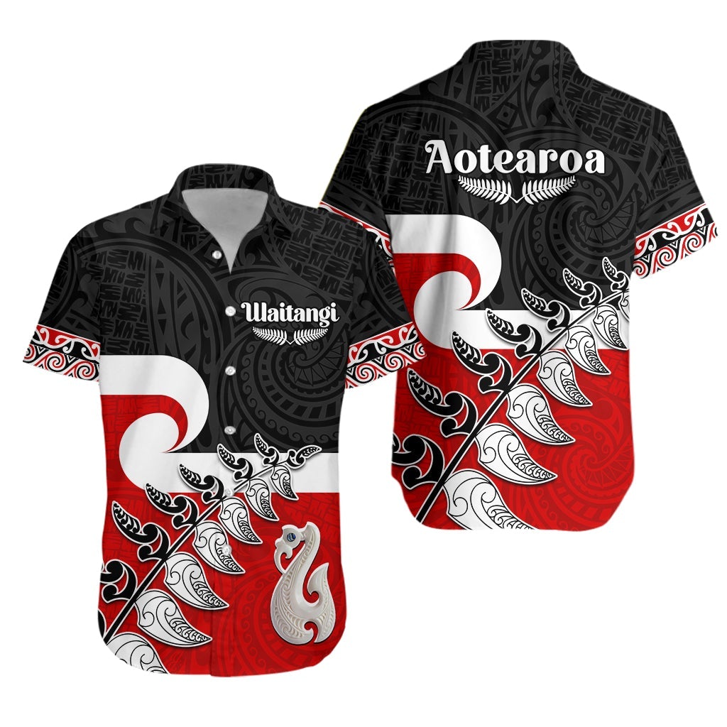 Waitangi Hawaiian Shirt Aotearoa Maori Pattern Mix Fern and Manaia Koru