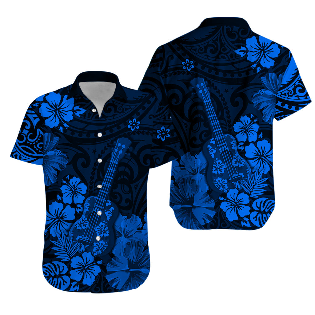 Hawaii Hawaiian Shirt Polynesia Blue Ukulele Flowers