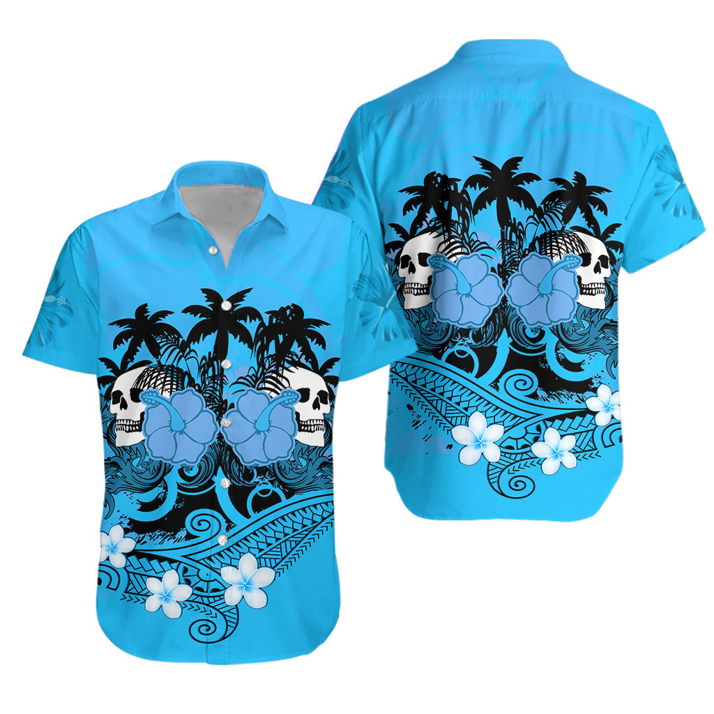 Hawaii Skull Hawaiian Shirt Mysterious Polynesia and Blue Flowers