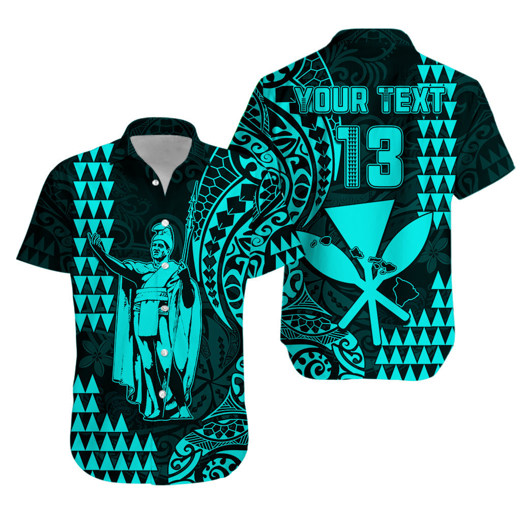 Custom Text and Number Hawaii Day Kakau Hawaiian Shirt Proud To Be Hawaiian Turquoise King Kamehameha and Kanaka Maoli