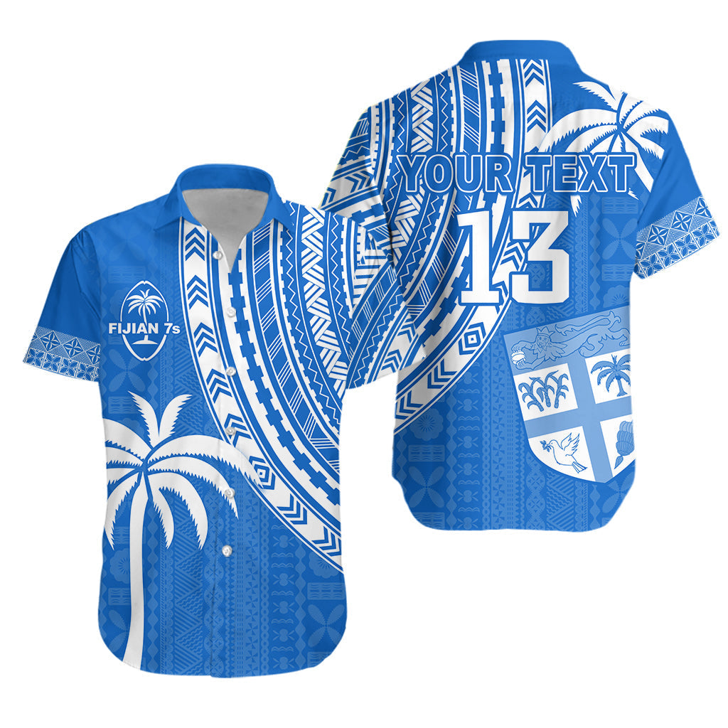 Custom Text and Number Fiji Rugby Sevens Hawaiian Shirt Fijian 7s Tapa Polynesian Blue Ver.01