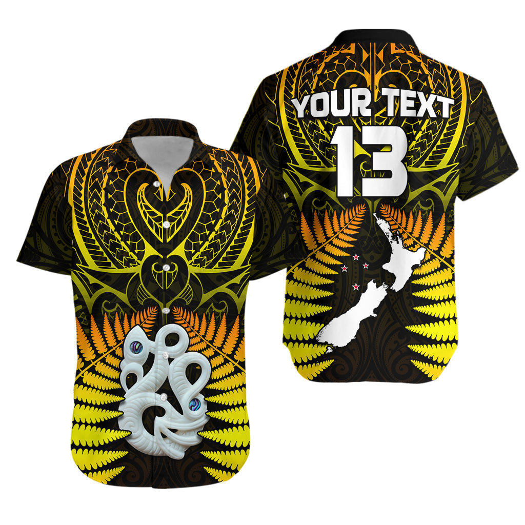 Custom Text and Number Aotearoa Fern Hawaiian Shirt New Zealand Hei Tiki Gold Style