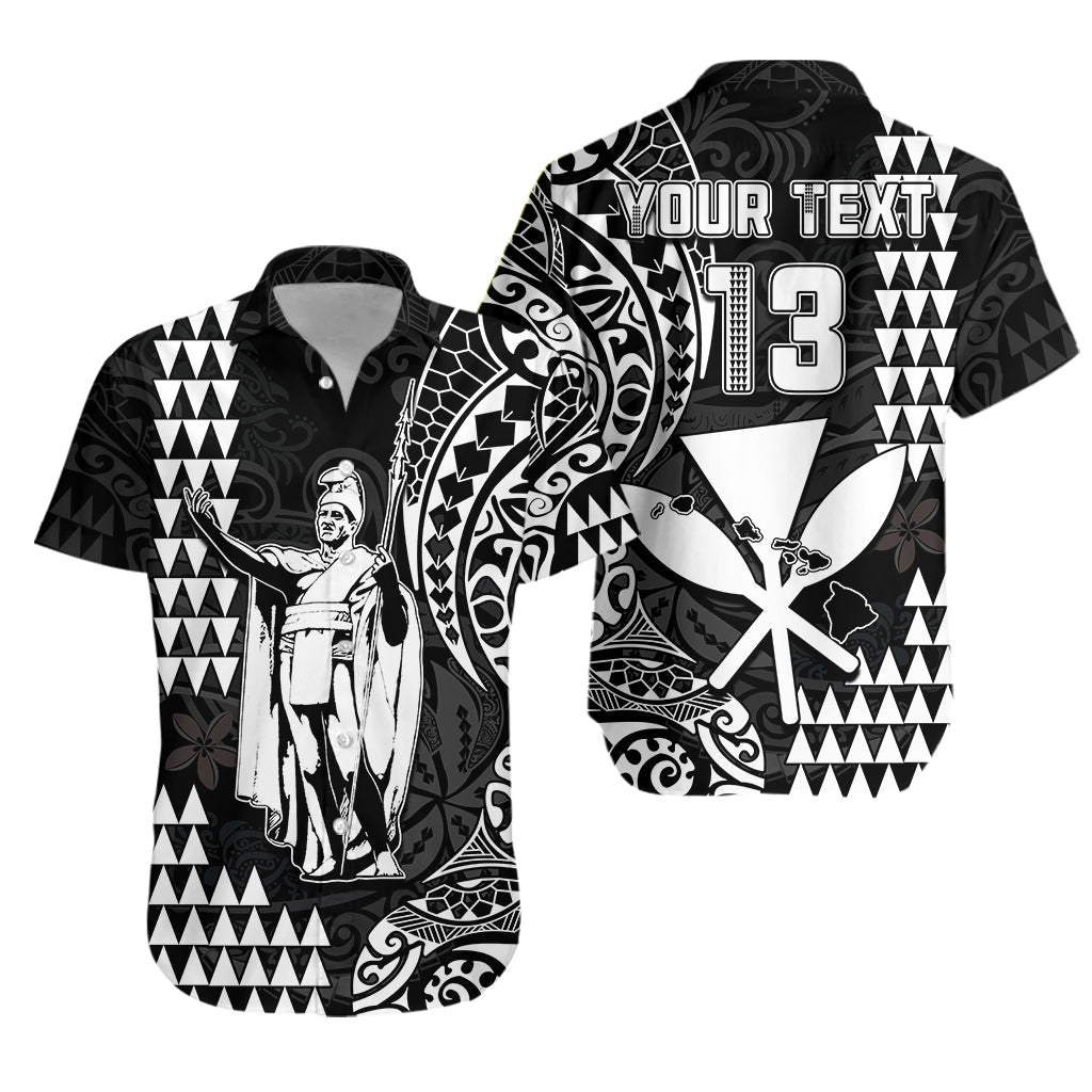 Custom Text and Number Hawaii Day Kakau Hawaiian Shirt Proud To Be Hawaiian Black King Kamehameha and Kanaka Maoli