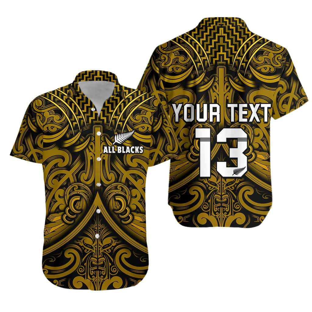 Custom Text and Number New Zealand Silver Fern Rugby Hawaiian Shirt All Black Gold NZ Maori Pattern
