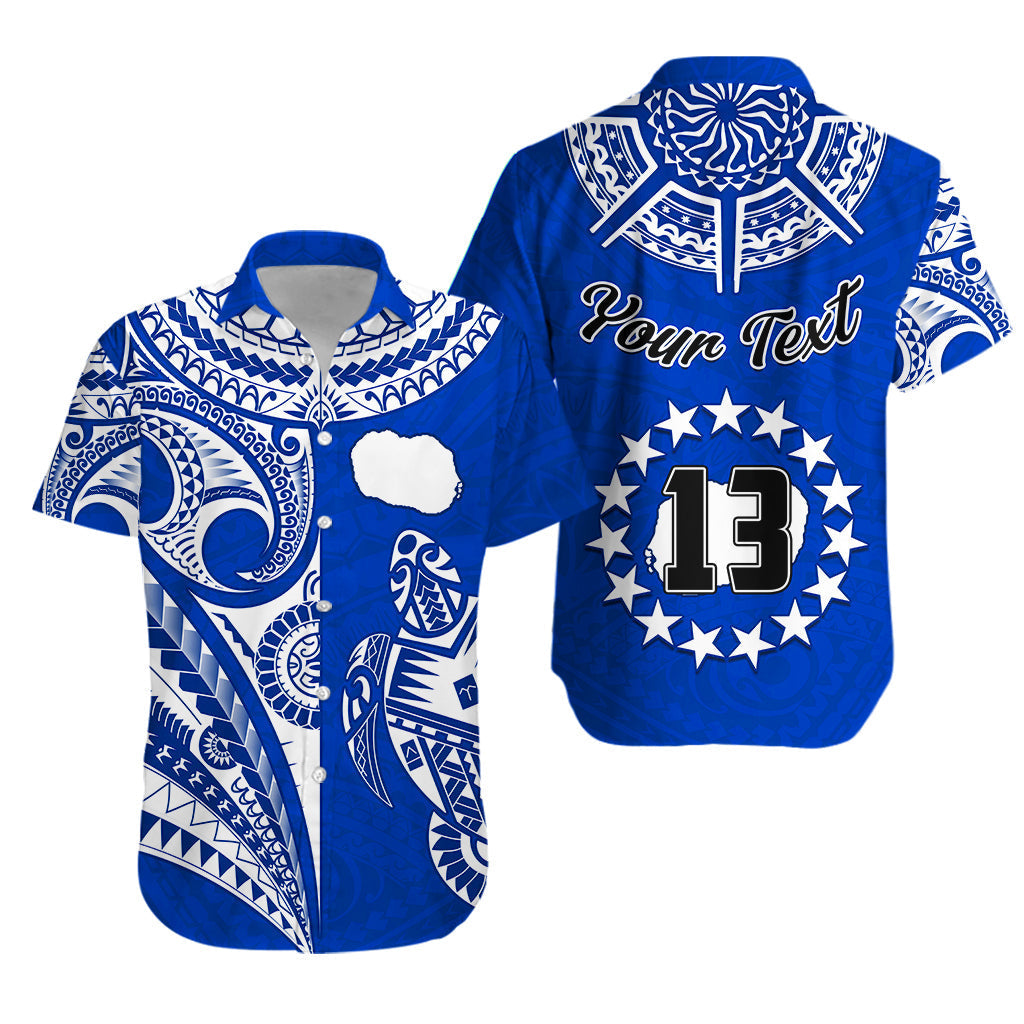 Custom Text and Number Rarotonga Cook Islands Hawaiian Shirt Turtle and Map Style Blue