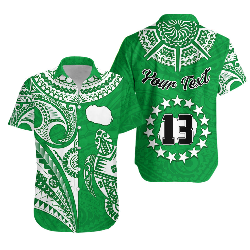Custom Text and Number Rarotonga Cook Islands Hawaiian Shirt Turtle and Map Style Green