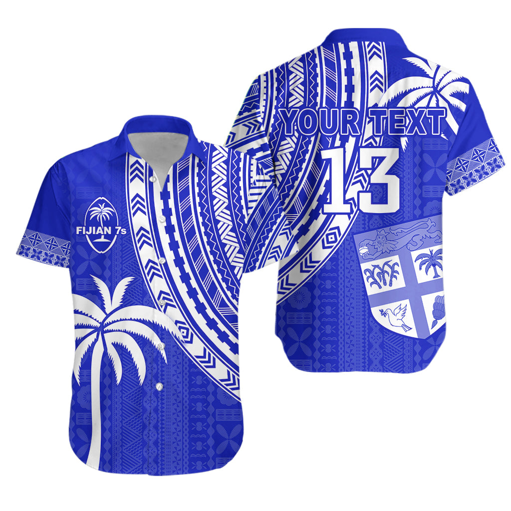 Custom Text and Number Fiji Rugby Sevens Hawaiian Shirt Fijian 7s Tapa Polynesian Blue Ver.02