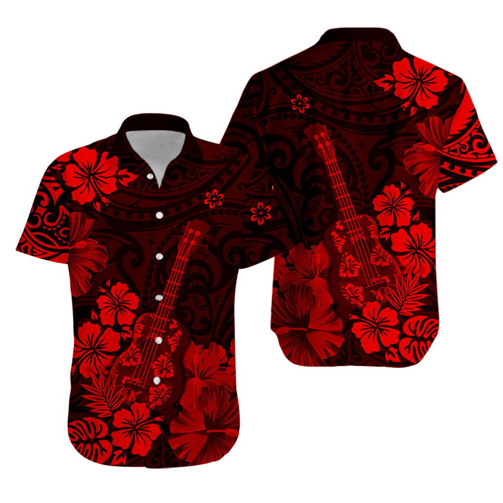 Hawaii Hawaiian Shirt Polynesia Red Ukulele Flowers
