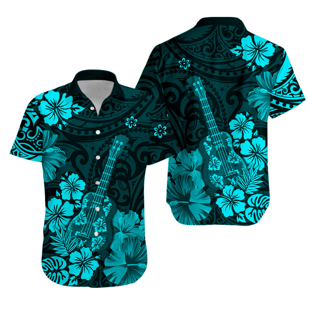 Hawaii Hawaiian Shirt Polynesia Turquoise Ukulele Flowers