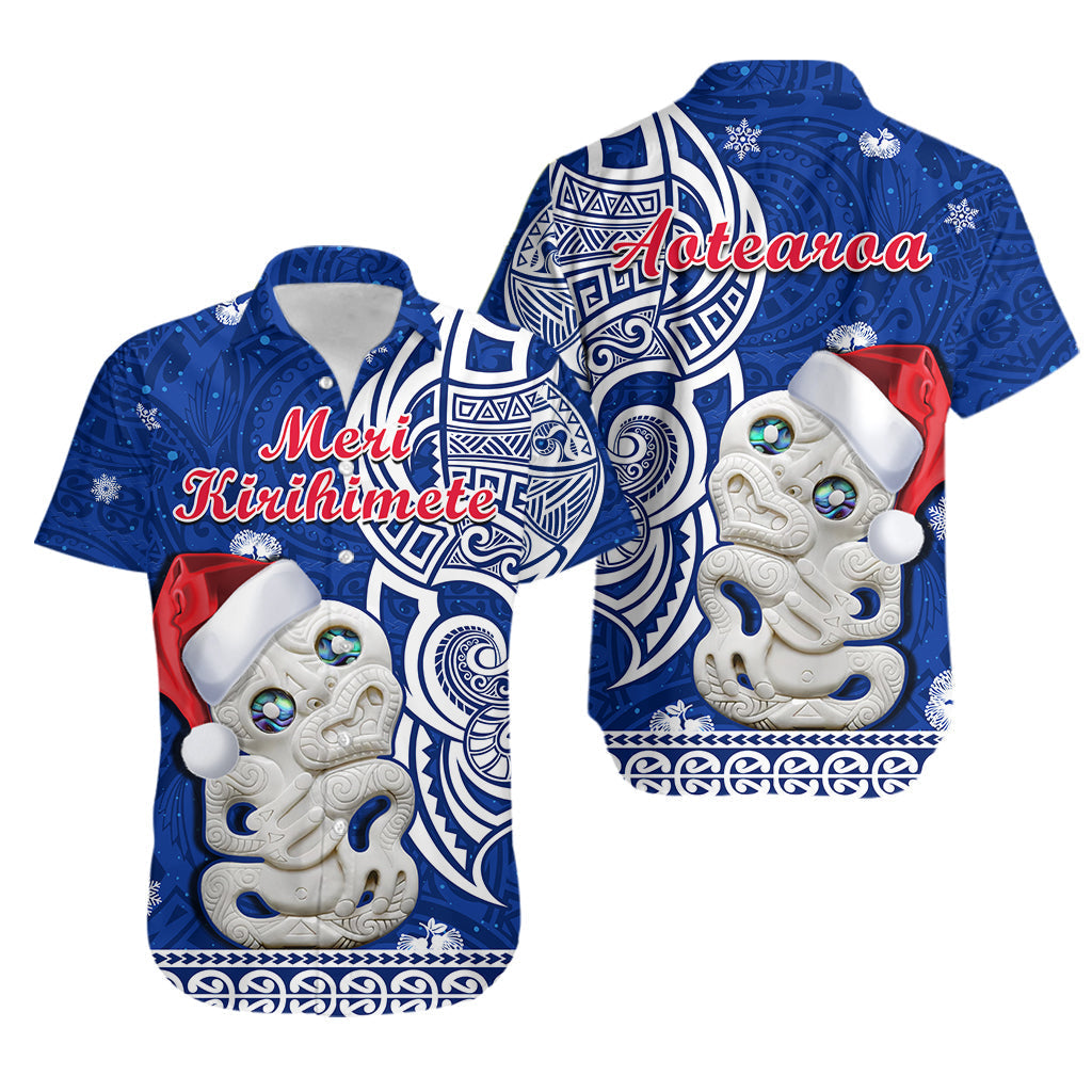 New Zealand Christmas Hawaiian Shirt Hei Tiki Blue Pohutukawa Meri Kirihimete