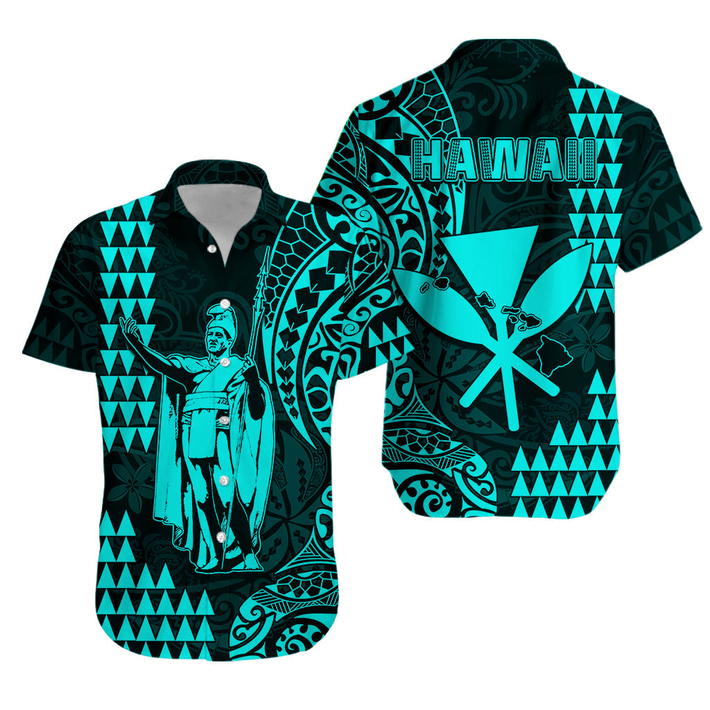 Hawaii Day Kakau Hawaiian Shirt Proud To Be Hawaiian Turquoise King Kamehameha and Kanaka Maoli