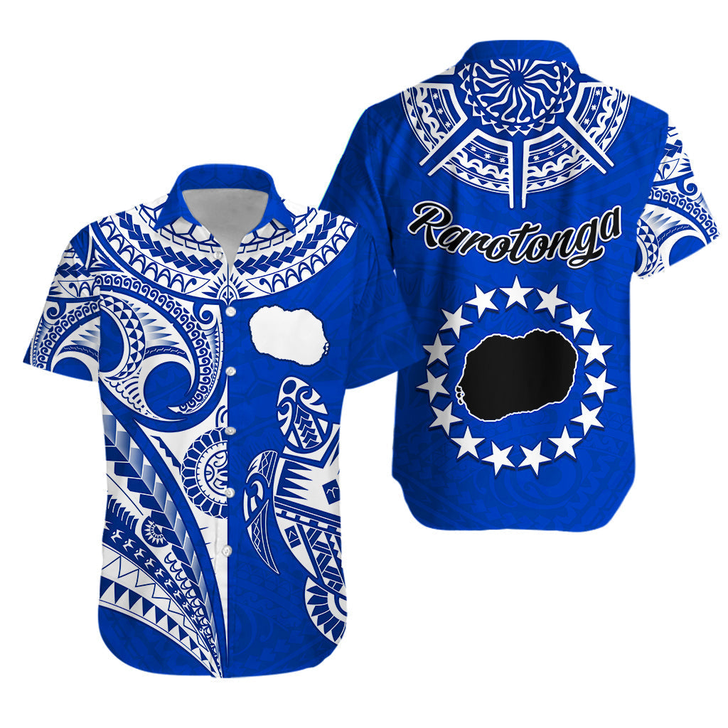 Rarotonga Cook Islands Hawaiian Shirt Turtle and Map Style Blue
