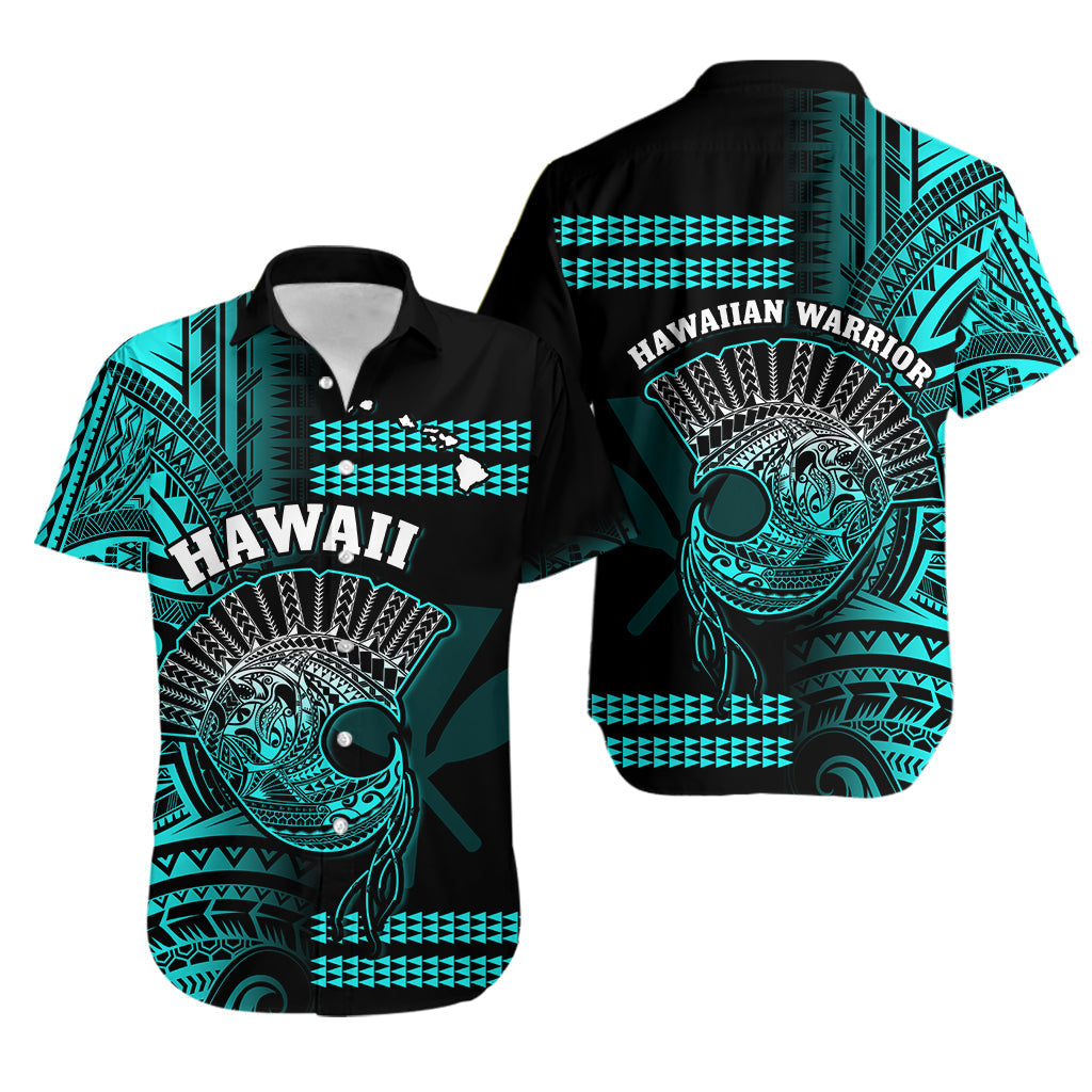 Hawaii Hawaiian Shirt Kakau Warrior Helmet Gradient Turquoise Polynesian