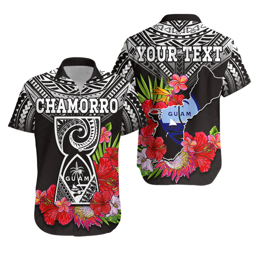 Custom Personalised Guam Chamorro Hawaiian Shirt Guaman Latte Stone Tropical Flowers Black Version